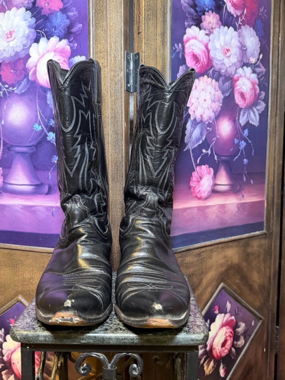 Vintage Justin 1886 Black Leather Cowboy Boots 10 B Made USA 80s 90s Western